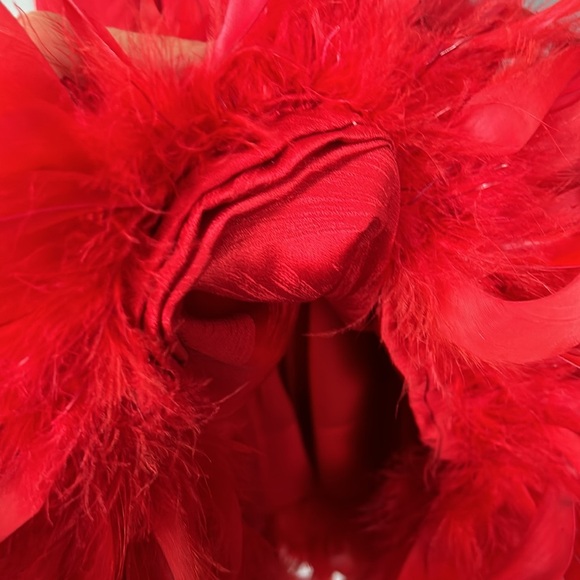 Vintage Women’s Silk Red Shift Dress Faux Feather Hem Necktie Slip on size S - Picture 8 of 17